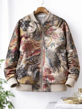Beige Embroidered Bomber Jacket with Multicolor Bird Motif